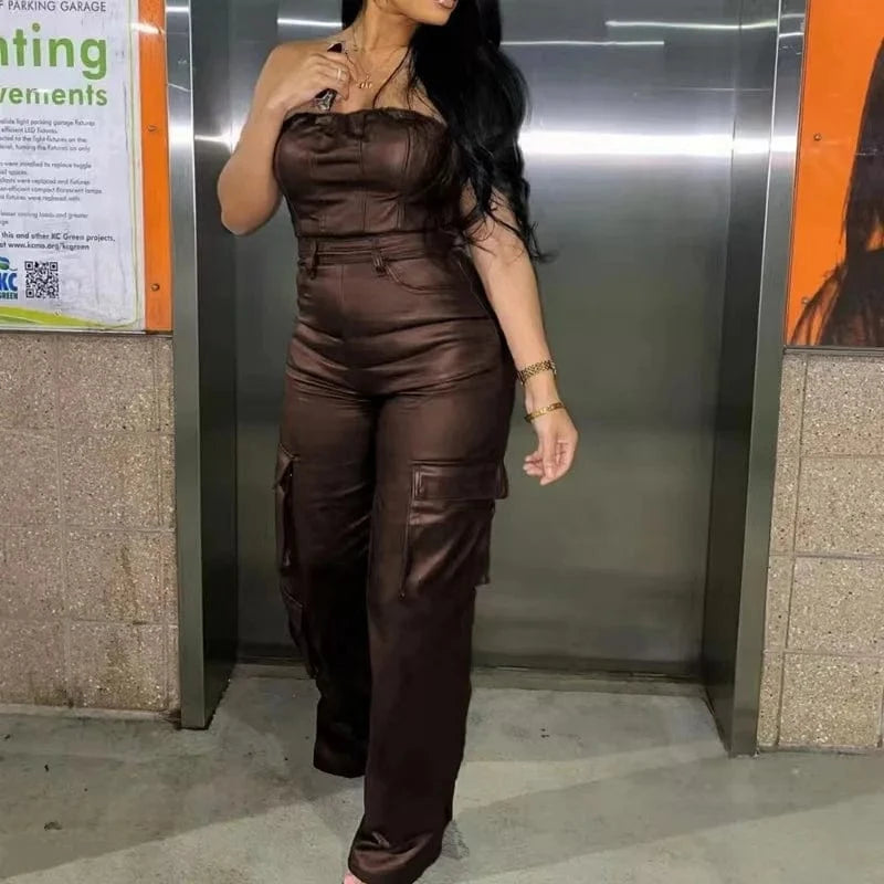 Cutenova MY24JP013 PU  Leather Strapless Ruched Wide Legs Pants Women Jumpsuits With Big Pocket