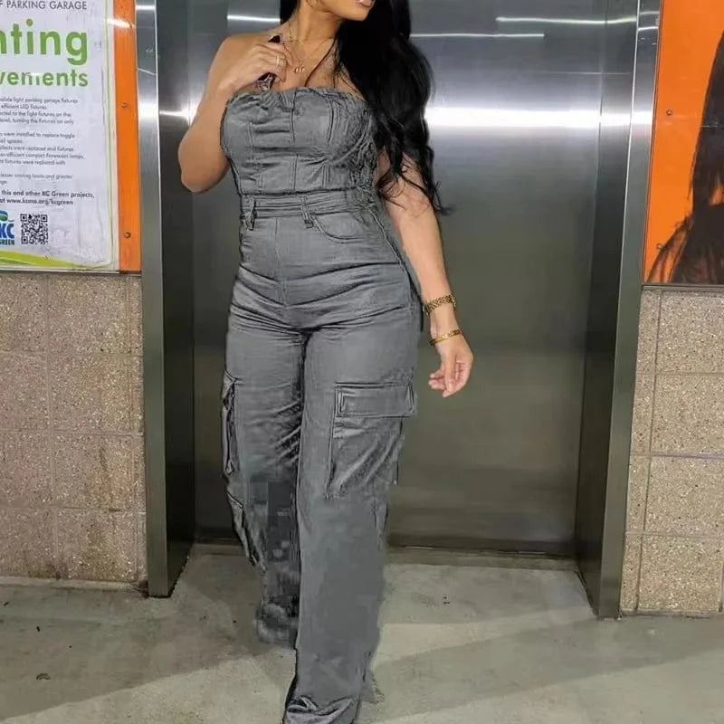 Cutenova MY24JP013 PU  Leather Strapless Ruched Wide Legs Pants Women Jumpsuits With Big Pocket