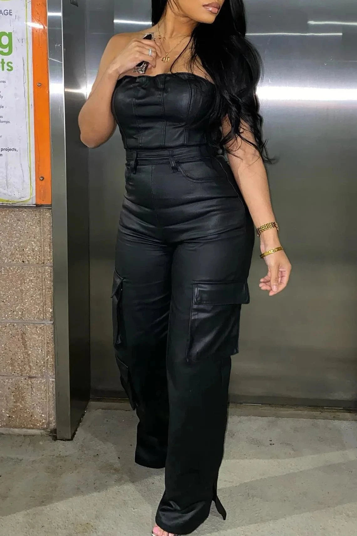 Cutenova MY24JP013 PU  Leather Strapless Ruched Wide Legs Pants Women Jumpsuits With Big Pocket