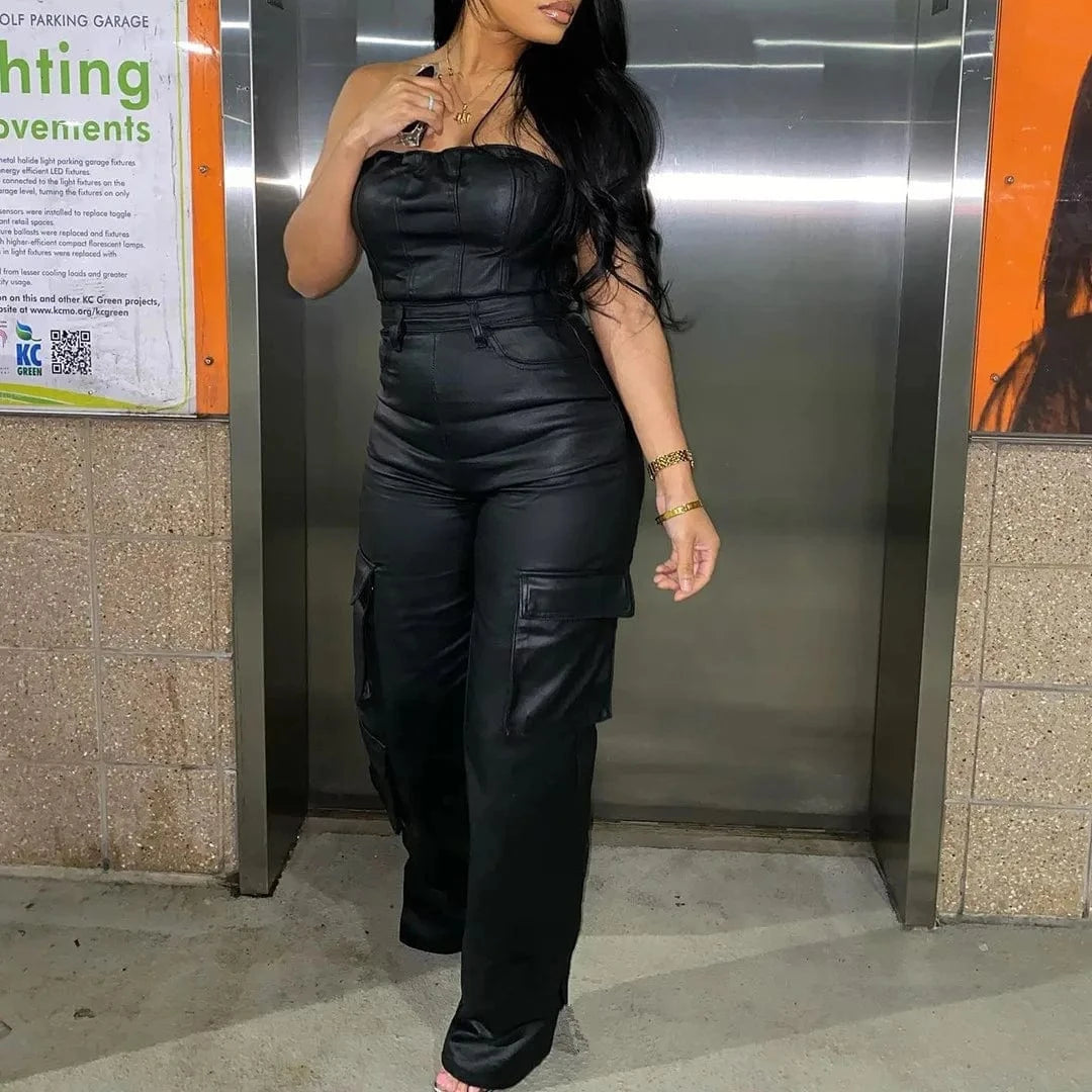 Cutenova MY24JP013 PU  Leather Strapless Ruched Wide Legs Pants Women Jumpsuits With Big Pocket
