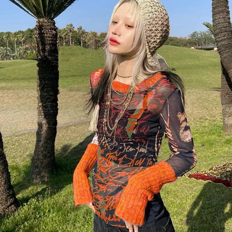 Cutenova Q22TP540 Fashion Letter  Patchwork Women'S Chic Top  Mesh Top For Women Long Sleeve T Shirt