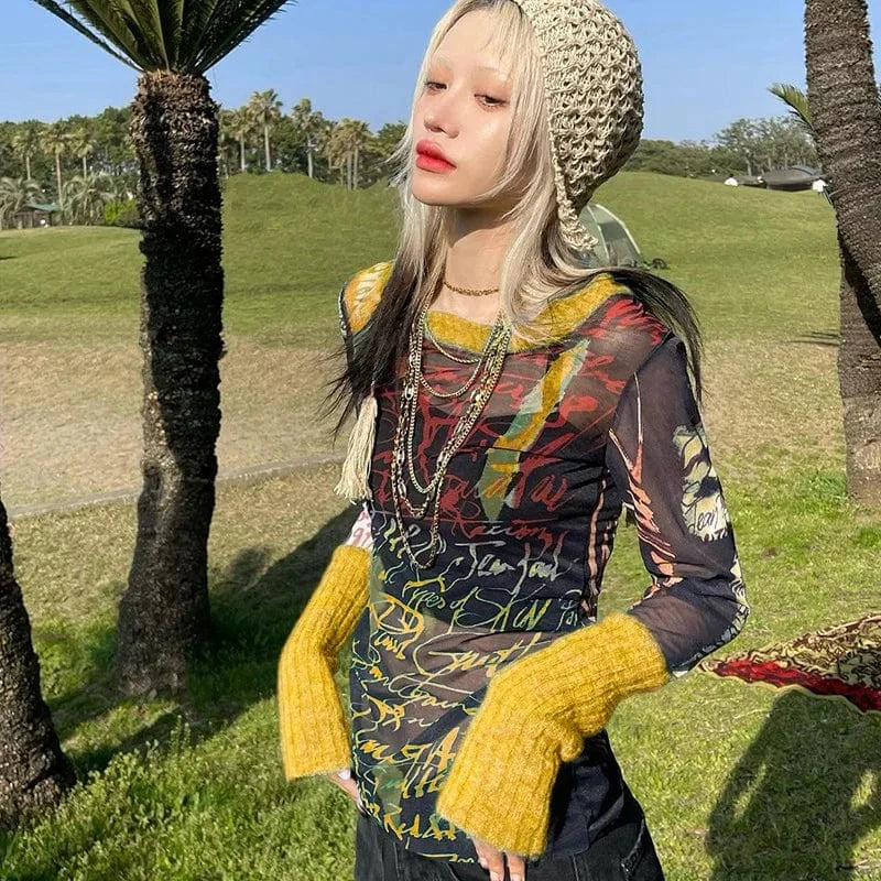 Cutenova Q22TP540 Fashion Letter  Patchwork Women'S Chic Top  Mesh Top For Women Long Sleeve T Shirt