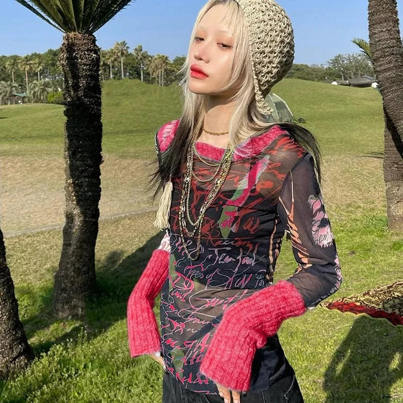 Cutenova Q22TP540 Fashion Letter  Patchwork Women'S Chic Top  Mesh Top For Women Long Sleeve T Shirt