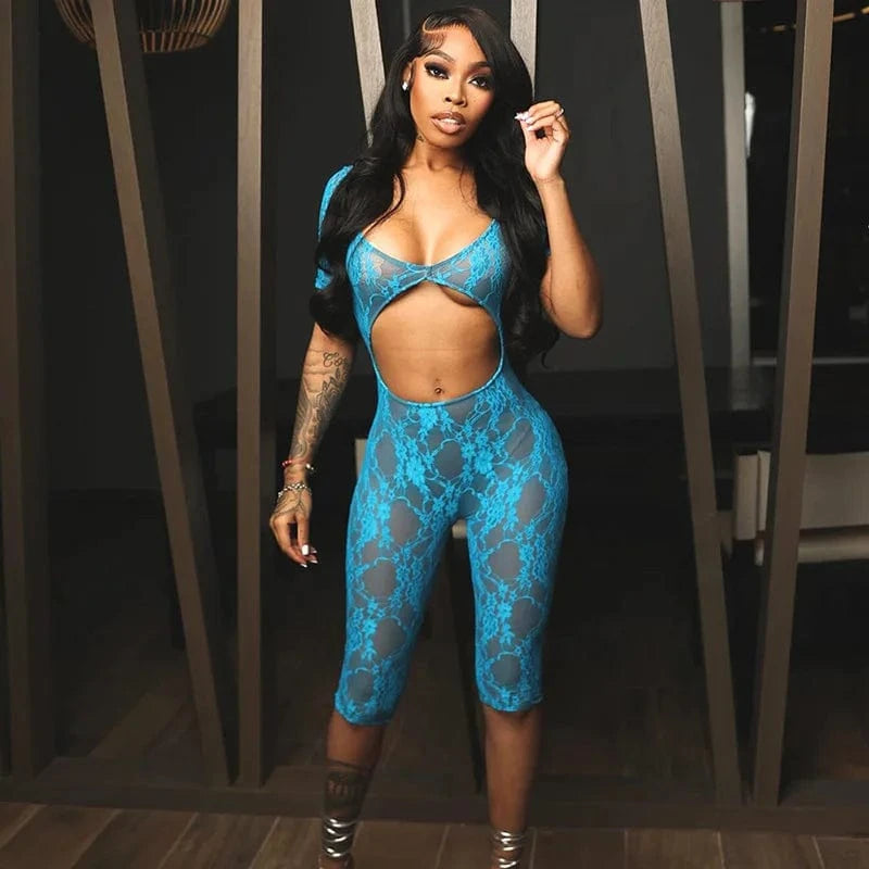 CUTENOVA R23RP265 New Fashion 2024 Stretchy Sexy Hollow Out Lace See Through Mesh Jumpsuit  Women