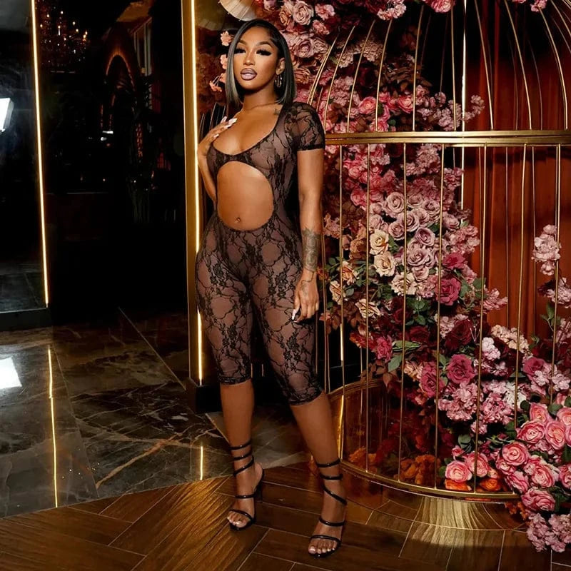 CUTENOVA R23RP265 New Fashion 2024 Stretchy Sexy Hollow Out Lace See Through Mesh Jumpsuit  Women