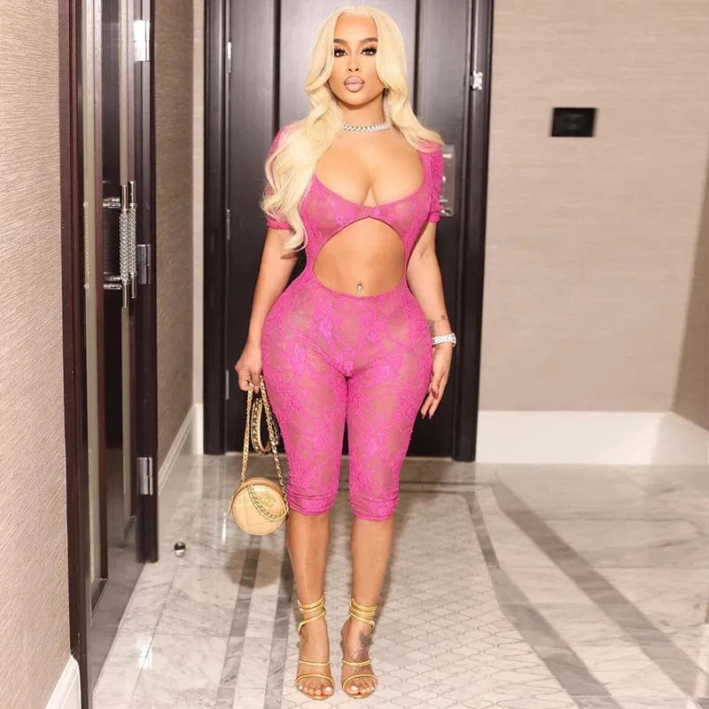 CUTENOVA R23RP265 New Fashion 2024 Stretchy Sexy Hollow Out Lace See Through Mesh Jumpsuit  Women