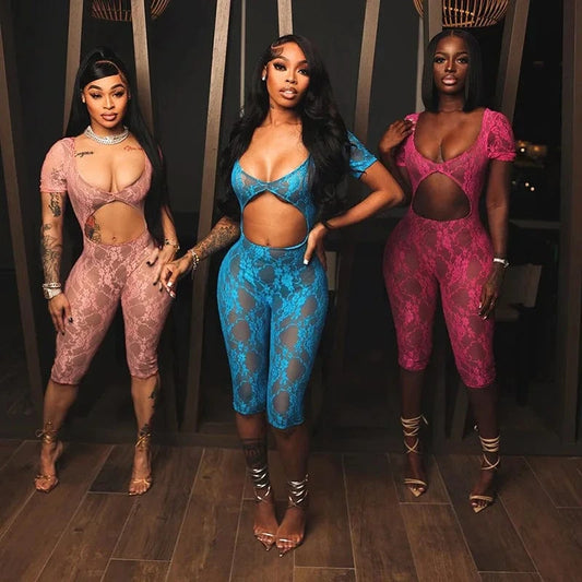 CUTENOVA R23RP265 New Fashion 2024 Stretchy Sexy Hollow Out Lace See Through Mesh Jumpsuit  Women