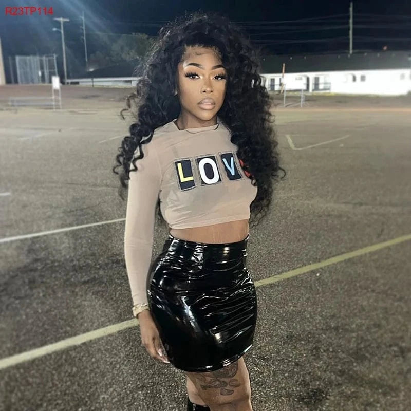 Cutenova R23TP114 2024 Letter Printed Long Sleeve T Shirt  Mesh Crop Tops For Women