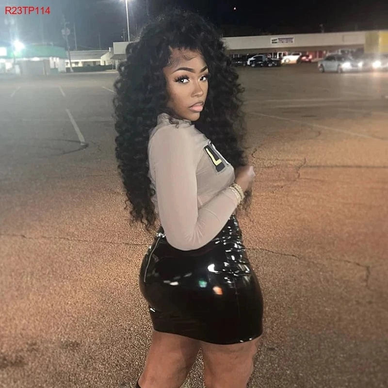 Cutenova R23TP114 2024 Letter Printed Long Sleeve T Shirt  Mesh Crop Tops For Women