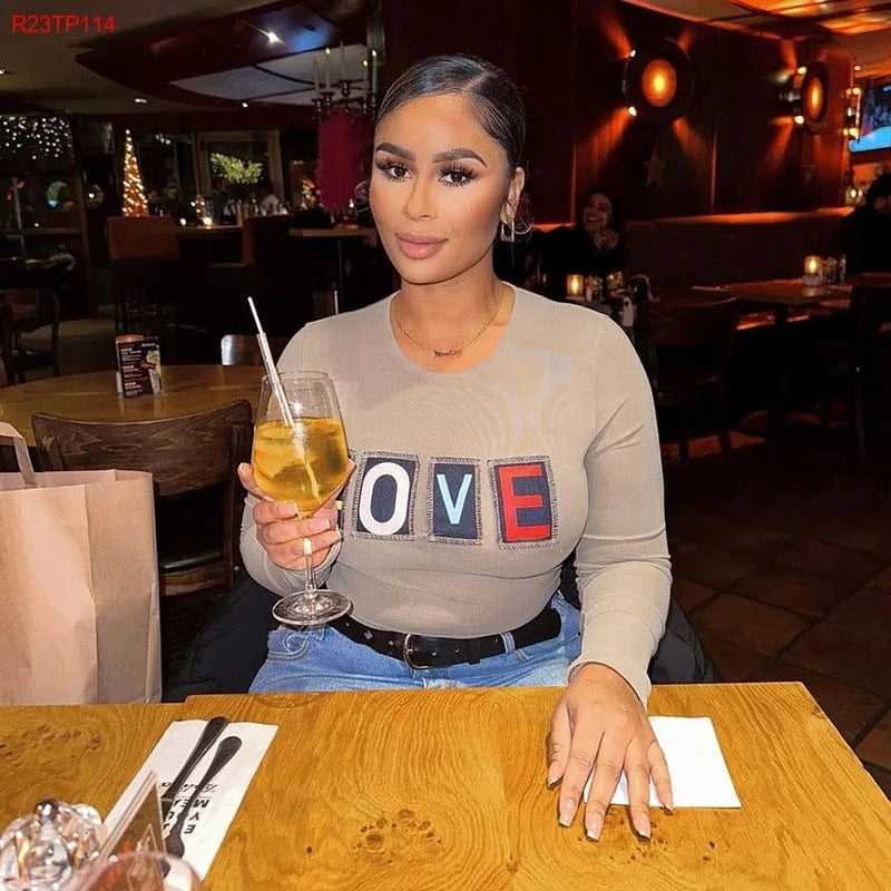 Cutenova R23TP114 2024 Letter Printed Long Sleeve T Shirt  Mesh Crop Tops For Women