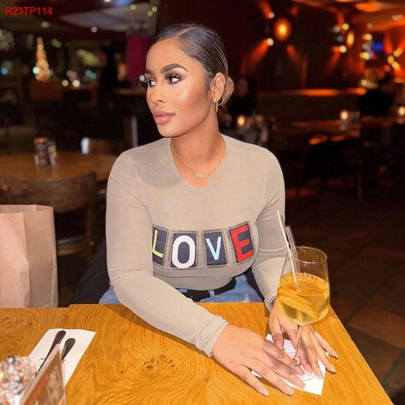 Cutenova R23TP114 2024 Letter Printed Long Sleeve T Shirt  Mesh Crop Tops For Women