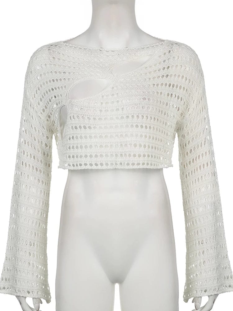 Cutout Cropped Knit Cover Up Top Retro Loose Distressed Crochet Knit Pullover Casual Chic Cropped Cloth Cover Up Women