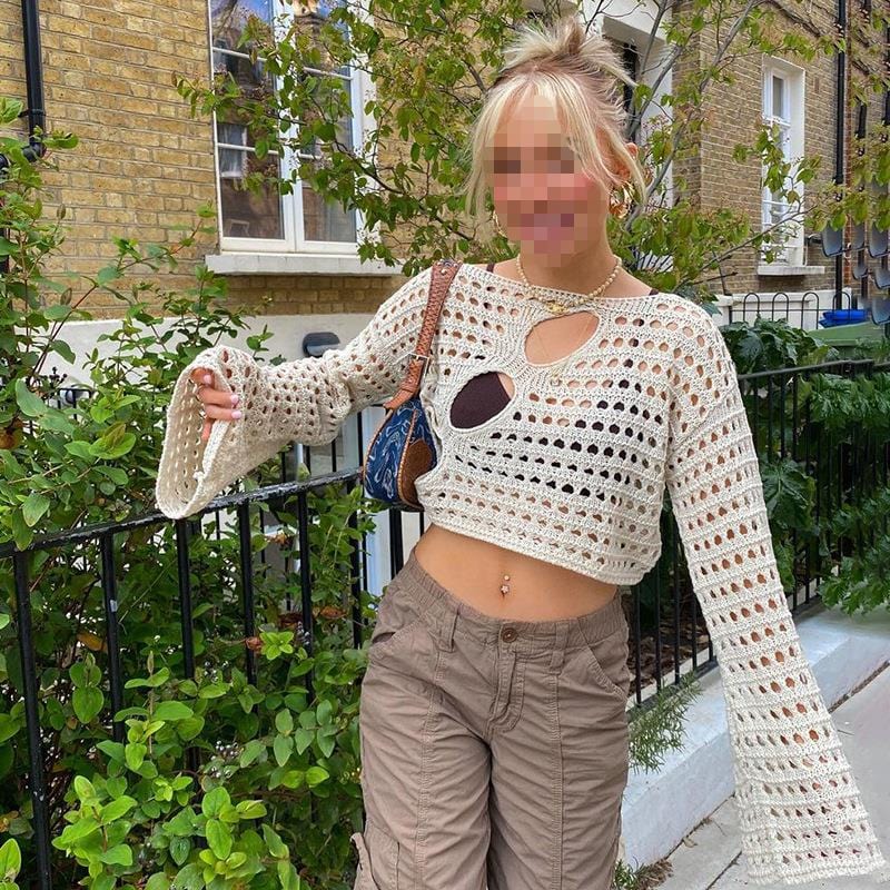Cutout Cropped Knit Cover Up Top Retro Loose Distressed Crochet Knit Pullover Casual Chic Cropped Cloth Cover Up Women