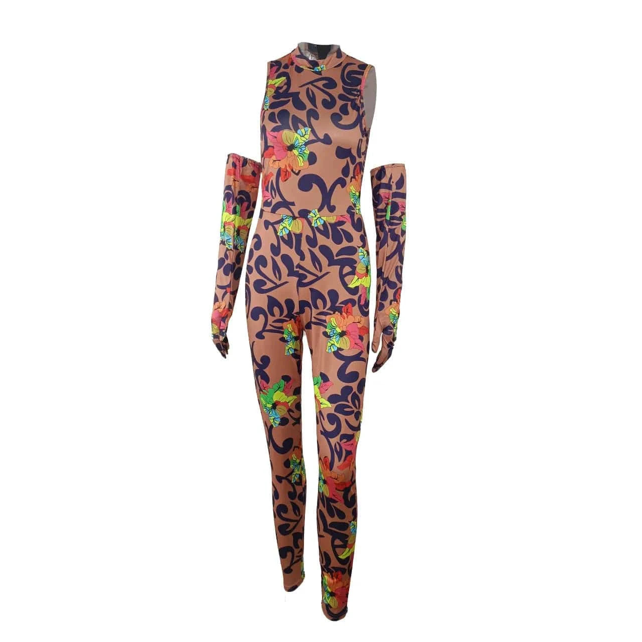 D0322TA09 Wholesale High Quality Colorful Graphic Halter Raglan Sleeve Bodycon Jumpsuit Women Sehe Fashion