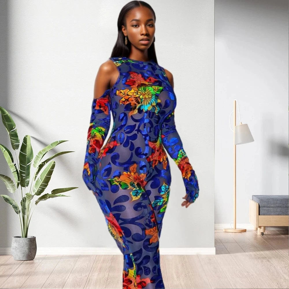 D0322TA09 Wholesale High Quality Colorful Graphic Halter Raglan Sleeve Bodycon Jumpsuit Women Sehe Fashion