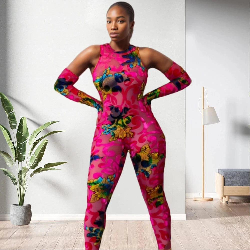 D0322TA09 Wholesale High Quality Colorful Graphic Halter Raglan Sleeve Bodycon Jumpsuit Women Sehe Fashion