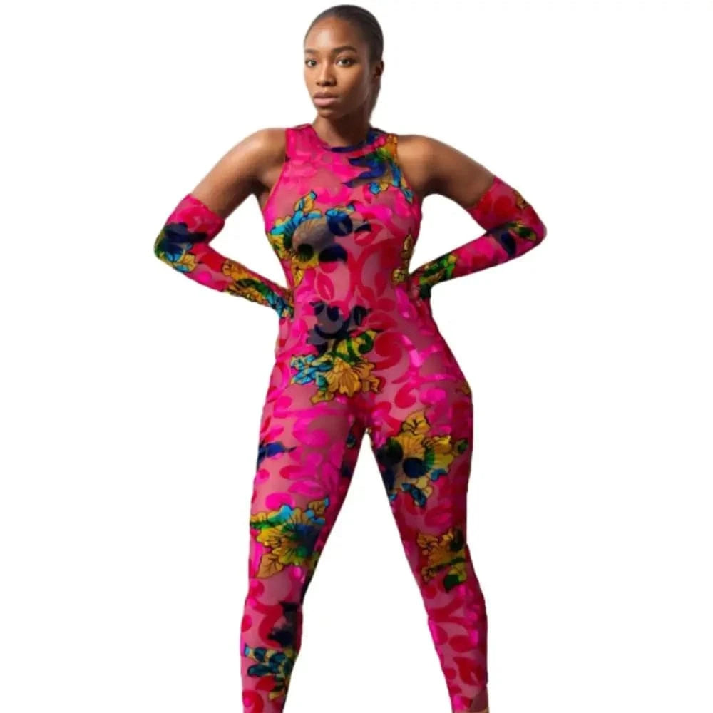 D0322TA09 Wholesale High Quality Colorful Graphic Halter Raglan Sleeve Bodycon Jumpsuit Women Sehe Fashion