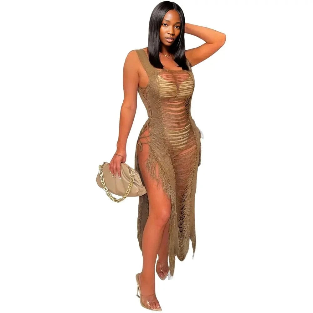 D0402TA38 Direct Sales Party Solid Color High Slit Tassels Translucent Dress For Women Sehe Fashion