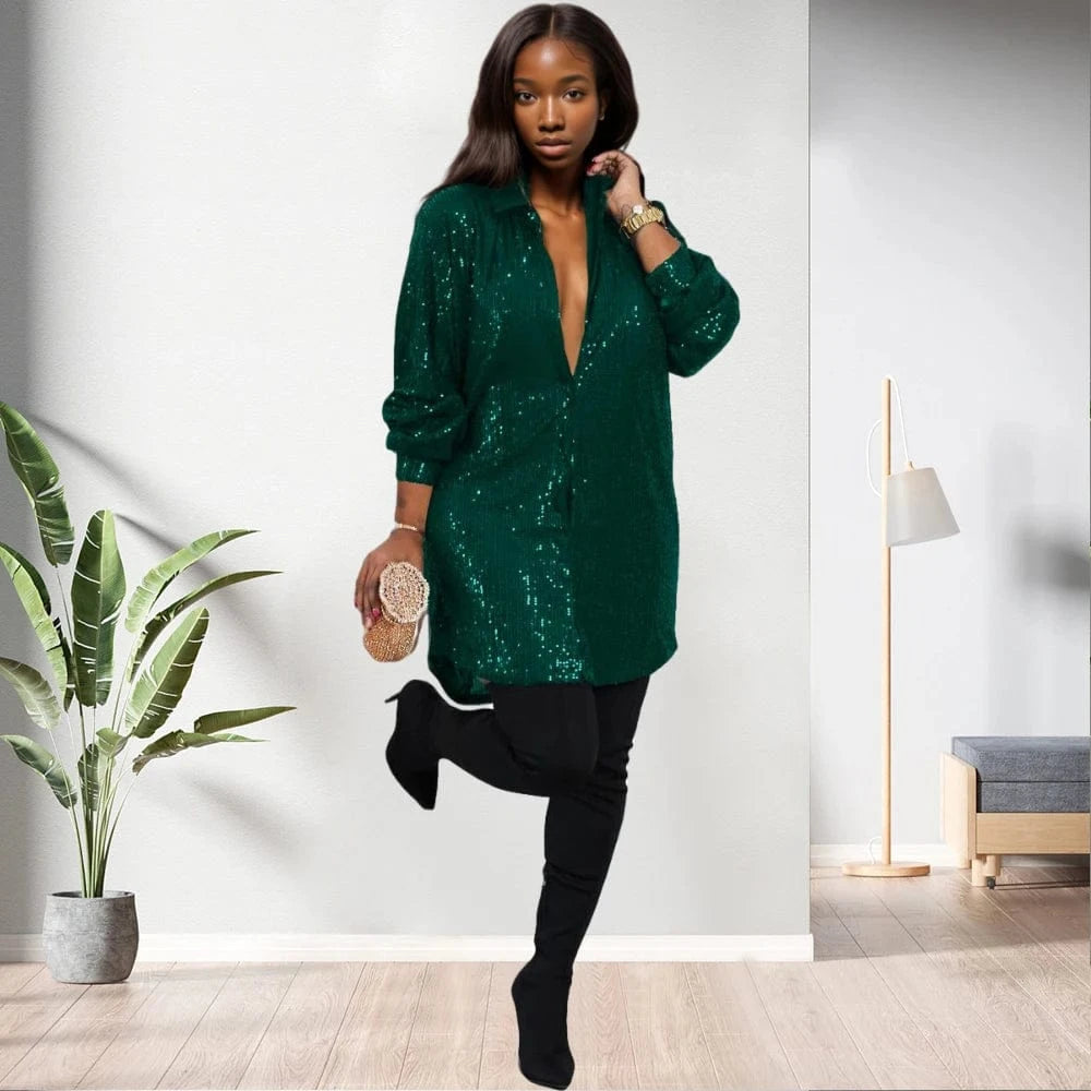 D0405TA62 Wholesale Direct Sales Casual Solid Color Sequin Long Sleeve Shirt Dress For Women Sehe Fashion