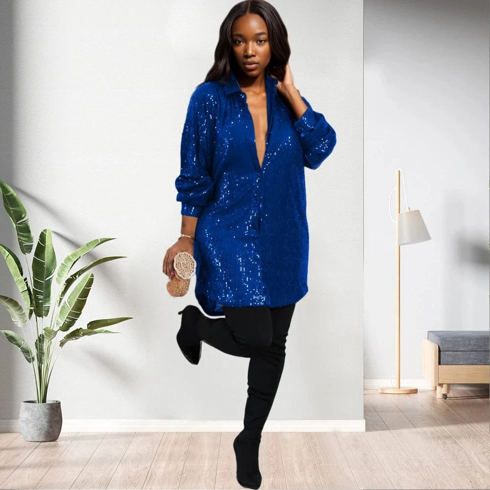 D0405TA62 Wholesale Direct Sales Casual Solid Color Sequin Long Sleeve Shirt Dress For Women Sehe Fashion