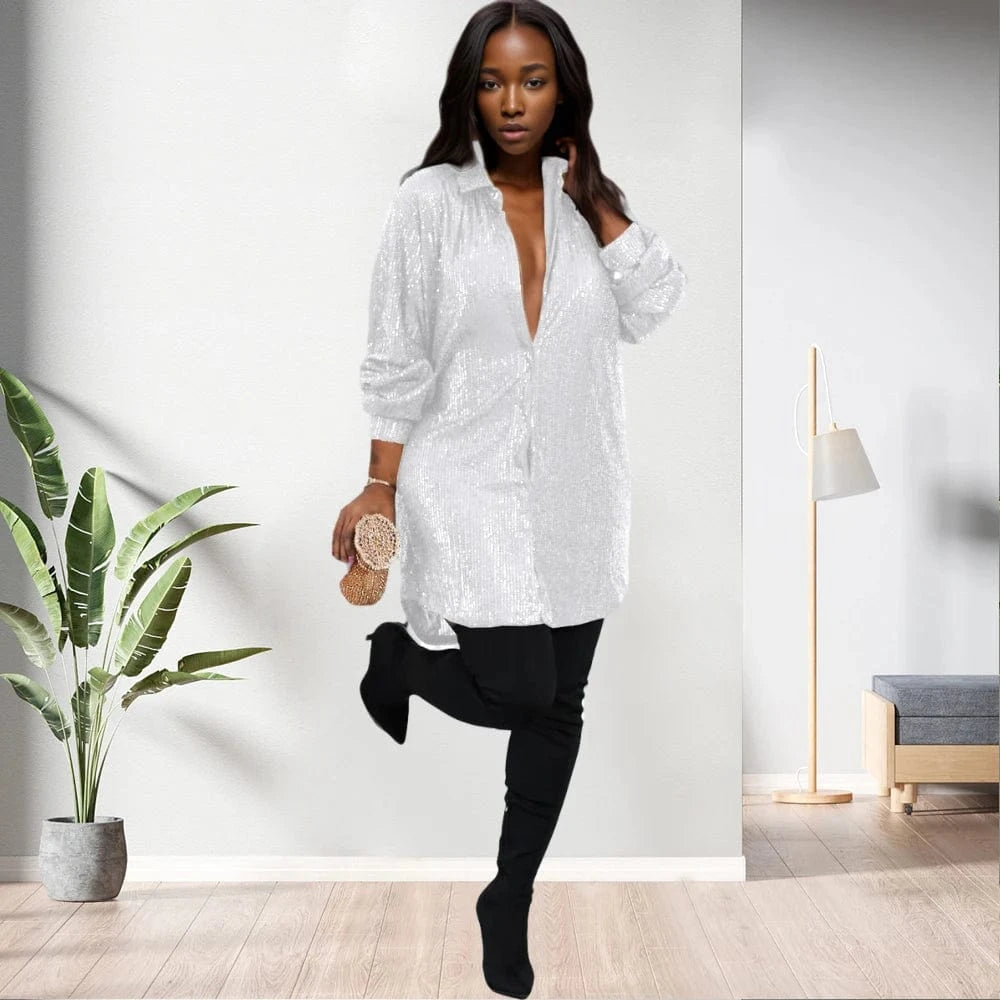 D0405TA62 Wholesale Direct Sales Casual Solid Color Sequin Long Sleeve Shirt Dress For Women Sehe Fashion