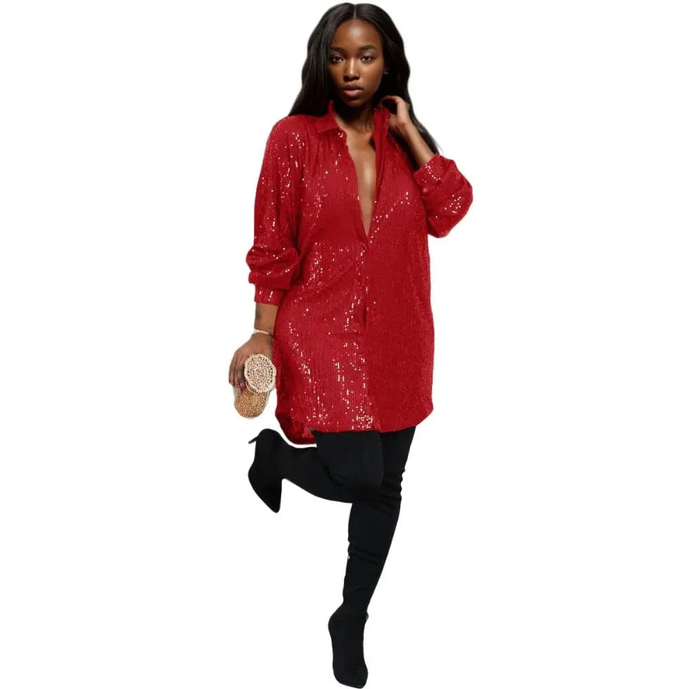 D0405TA62 Wholesale Direct Sales Casual Solid Color Sequin Long Sleeve Shirt Dress For Women Sehe Fashion