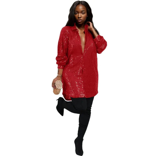 D0405TA62 Wholesale Direct Sales Casual Solid Color Sequin Long Sleeve Shirt Dress For Women Sehe Fashion