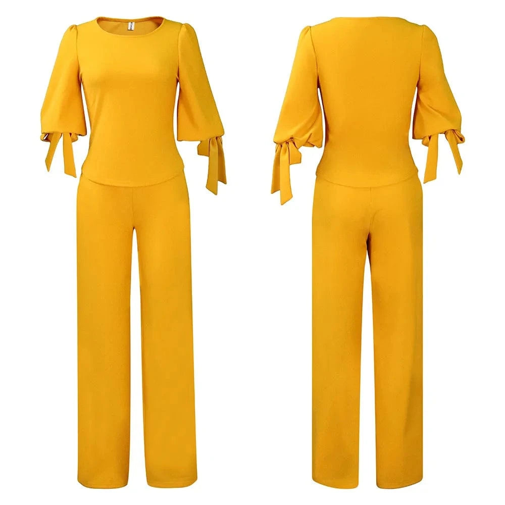 D0408ME12 Wholesale Going Out Solid Color Lantern Sleeve Elegant Long Pant Sets Sehe Fashion