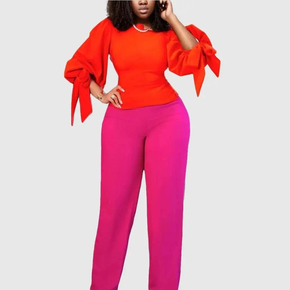 D0408ME12 Wholesale Going Out Solid Color Lantern Sleeve Elegant Long Pant Sets Sehe Fashion