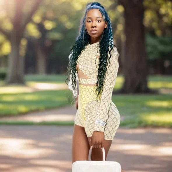 D0601TA26 New Product Ideas Long Sleeves Wrap Hollow Out Mesh Crop Tops Mini Sexy 3 Piece Set Sehe Fashion