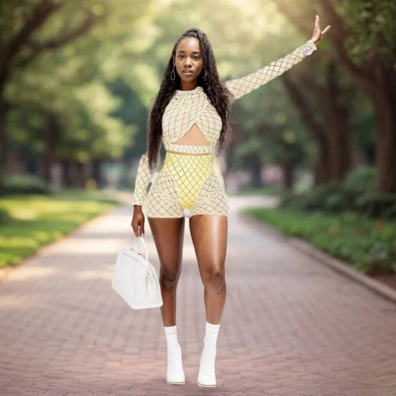 D0601TA26 New Product Ideas Long Sleeves Wrap Hollow Out Mesh Crop Tops Mini Sexy 3 Piece Set Sehe Fashion