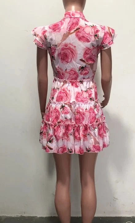 D0814TA10 Ready Stock Floral Print Turn Down Collar Sleeveless Small Ruffles Button Mini Dresses Sehe Fashion