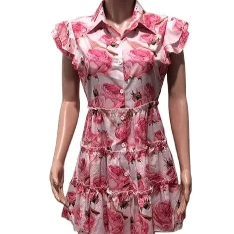 D0814TA10 Ready Stock Floral Print Turn Down Collar Sleeveless Small Ruffles Button Mini Dresses Sehe Fashion