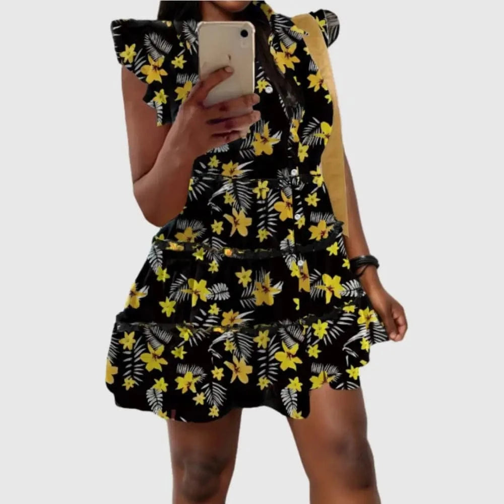 D0814TA10 Ready Stock Floral Print Turn Down Collar Sleeveless Small Ruffles Button Mini Dresses Sehe Fashion