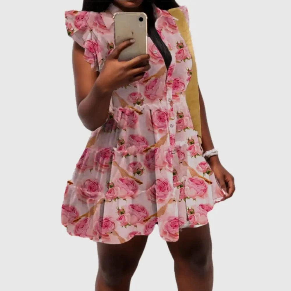 D0814TA10 Ready Stock Floral Print Turn Down Collar Sleeveless Small Ruffles Button Mini Dresses Sehe Fashion