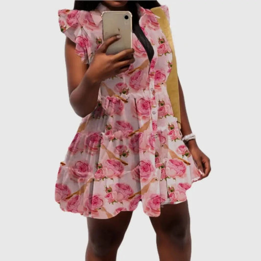 D0814TA10 Ready Stock Floral Print Turn Down Collar Sleeveless Small Ruffles Button Mini Dresses Sehe Fashion