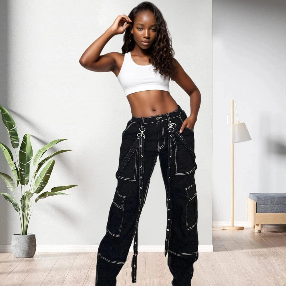 D0906TA01 Wholesale Direct Sales Heavy Denim Cargo Pockets Jeans Women Sehe Fashion