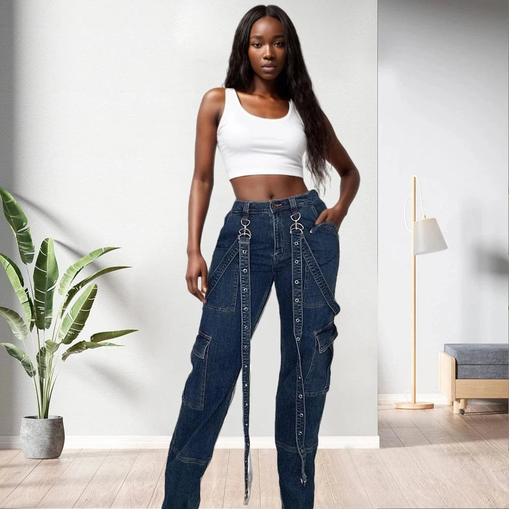 D0906TA01 Wholesale Direct Sales Heavy Denim Cargo Pockets Jeans Women Sehe Fashion