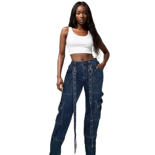 D0906TA01 Wholesale Direct Sales Heavy Denim Cargo Pockets Jeans Women Sehe Fashion