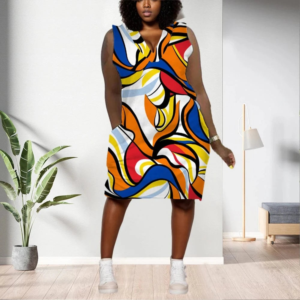 D1202ME06 Best Selling Plus Size Casual Ethic Print Sleeveless Midi Women's Dresses Sehe Fashion