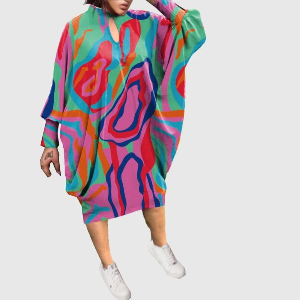 D1202ME11 2023 New Design Digital Printing Avatar Commuter Midi Hollow Out Long Sleeved Dress Sehe Fashion
