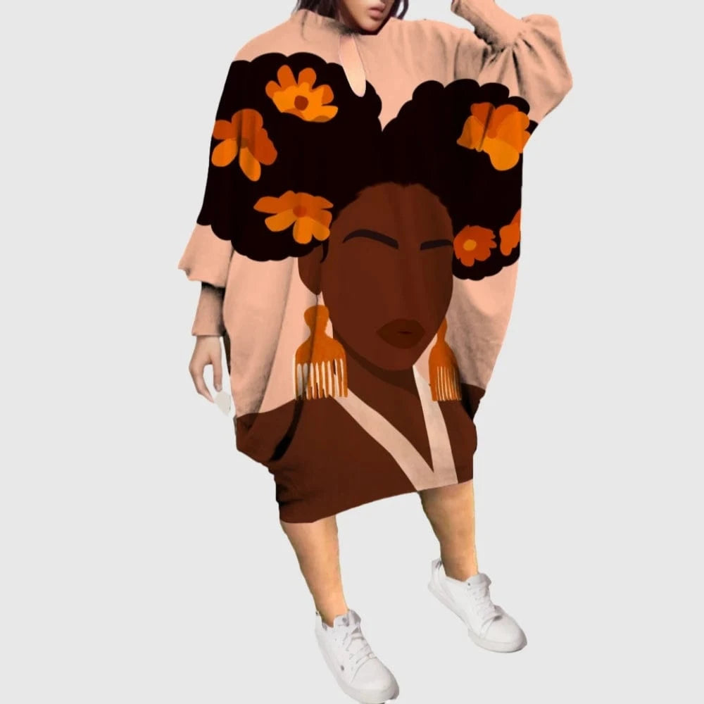 D1202ME11 2023 New Design Digital Printing Avatar Commuter Midi Hollow Out Long Sleeved Dress Sehe Fashion
