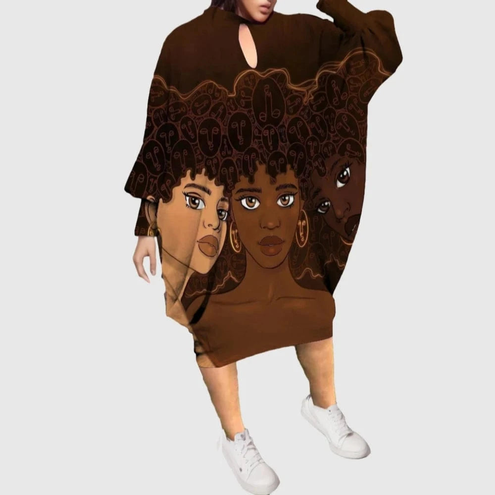 D1202ME11 2023 New Design Digital Printing Avatar Commuter Midi Hollow Out Long Sleeved Dress Sehe Fashion