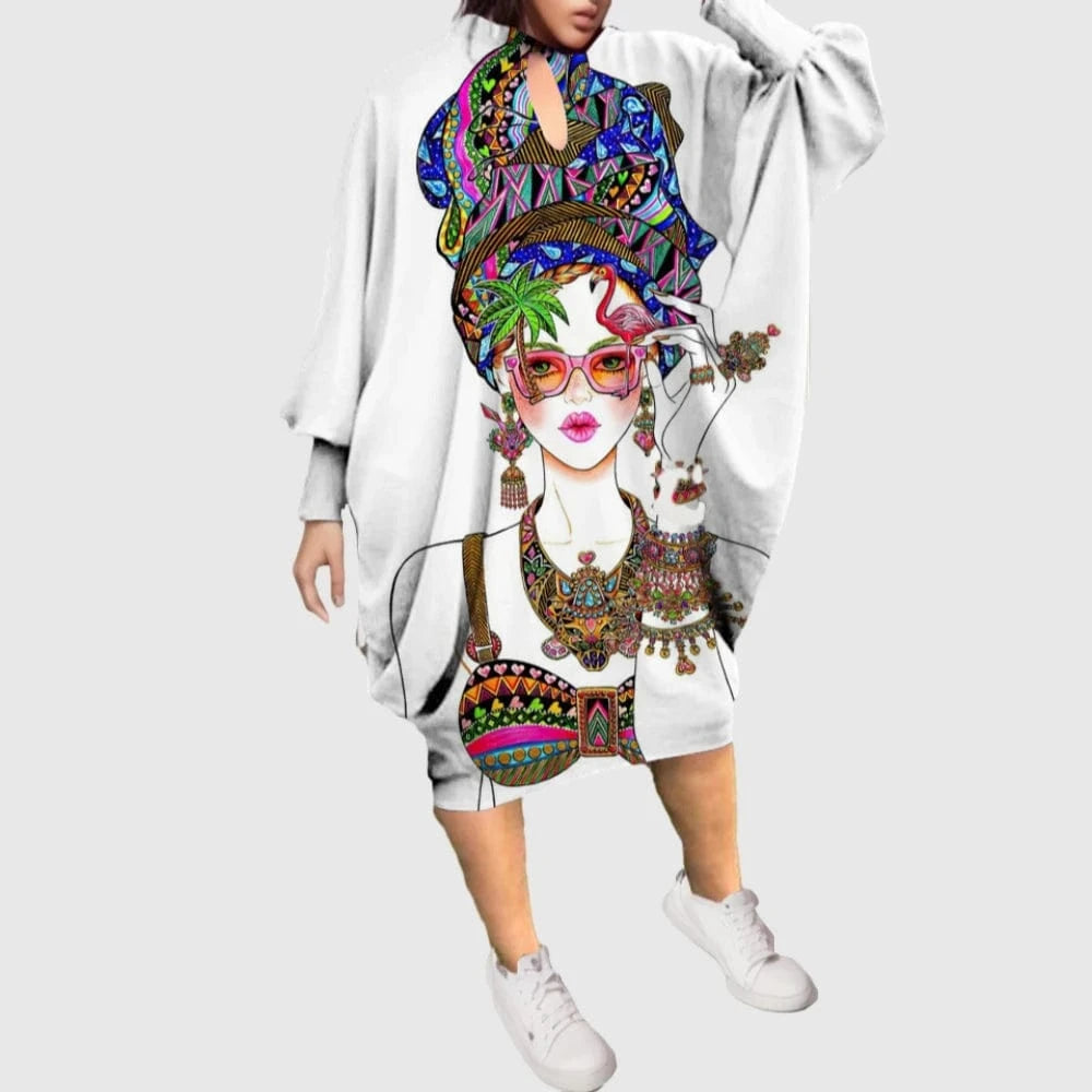 D1202ME11 2023 New Design Digital Printing Avatar Commuter Midi Hollow Out Long Sleeved Dress Sehe Fashion