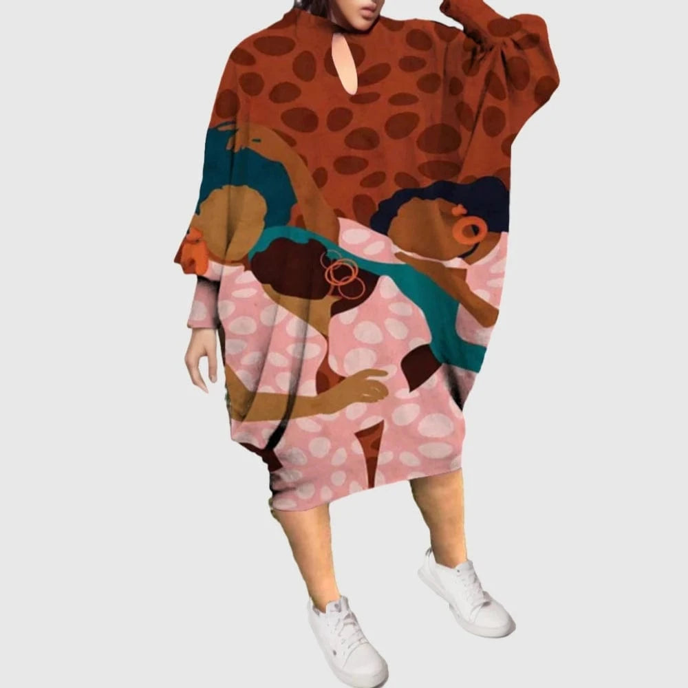 D1202ME11 2023 New Design Digital Printing Avatar Commuter Midi Hollow Out Long Sleeved Dress Sehe Fashion