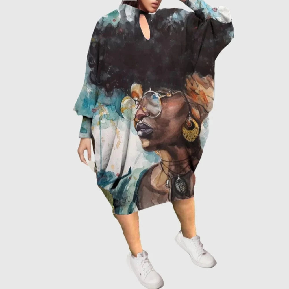 D1202ME11 2023 New Design Digital Printing Avatar Commuter Midi Hollow Out Long Sleeved Dress Sehe Fashion