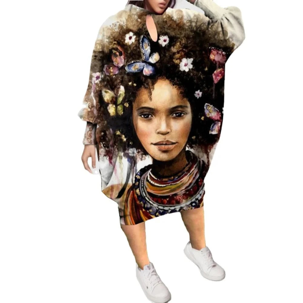 D1202ME11 2023 New Design Digital Printing Avatar Commuter Midi Hollow Out Long Sleeved Dress Sehe Fashion