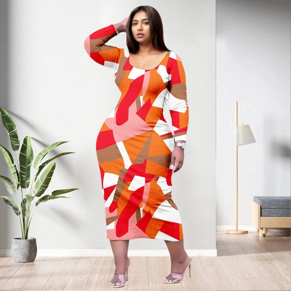 D1202ME12 2023 New Design Digital Printing Fashion Midi Long Sleeved Dress Sehe Fashion