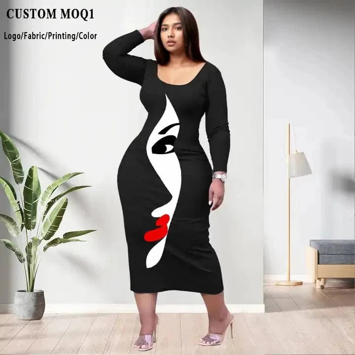 D1202ME12 2023 New Design Digital Printing Fashion Midi Long Sleeved Dress Sehe Fashion