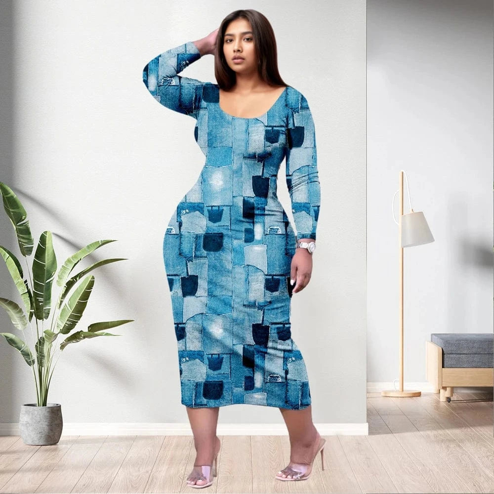 D1202ME12 2023 New Design Digital Printing Fashion Midi Long Sleeved Dress Sehe Fashion